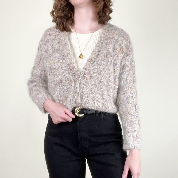 Vintage Hand Made Cable Knit Mohair Wool Cardigan Sweater Oversized Chunky Cozy - Picture 1 of 8